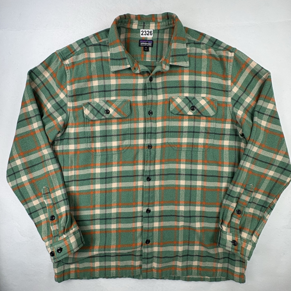 Patagonia Fjord Flannel Shirt Mens XL Eelgrass Green Plaid Organic Cotton